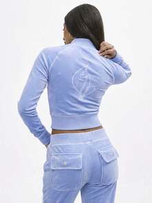 BABYPHAT 复古丝绒拉链卫衣，白色撞色滚边，长袖设计，适合秋冬季休闲叠穿 - 淺藍色 - 查看 1