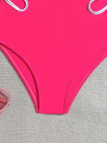 SHEIN Teen Girl Hollow-Out Zipper Contrast Trim One-Piece Swimsuit - Hot Pink - View 5