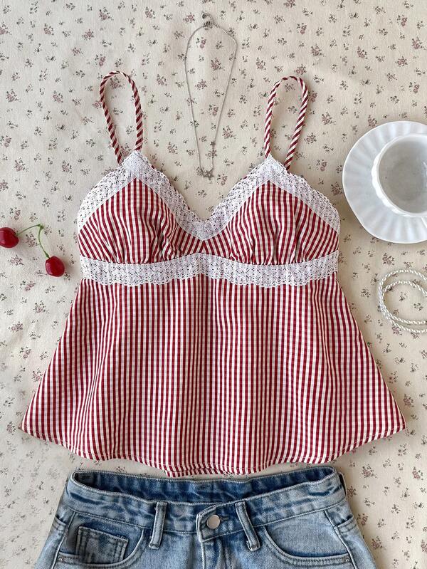 Teen Girl Red Plaid Lace Trim Casual Versatile Camisole Teen Red And White Top Teen Girls Clothing Corset Top Teen Girl Babydoll Top