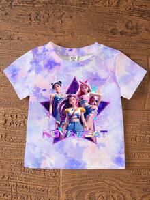 2pcs/Set Young Girls Casual K-POP Cartoon Girl Tie-Dye Pattern Short Sleeve Knit T-Shirt And Matching Tie-Dye Shorts Set, Girls Everyday & Holiday Comfortable Knit Outfit, Sporty Fashion Set For Summer - Multicolor - View 6