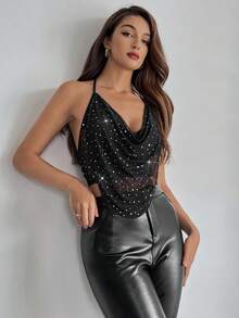 SHEIN PETITE CURVE Áo camisole gợi cảm cổ xếp ly đính sequin dành cho nữ cỡ lớn - màu đen - Xem 6