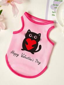 PETSIN 一件黑色猫咪字母印花宠物背心，猫咪抱着一颗心，透气亲肤，粉色和玫瑰红色。