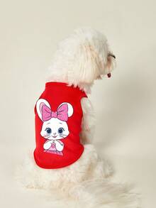 PETSIN 一件红色透气亲肤宠物背心，饰有蝴蝶结和淡粉色兔子图案 - 紅色 - 查看 5