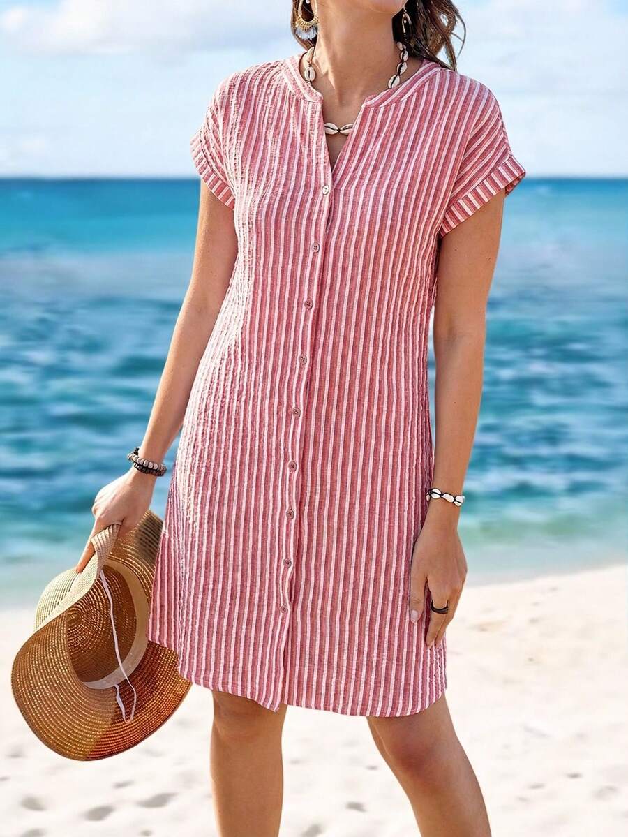 Sylviya Women's Striped V-Neck Single-Breasted Casual Vacation Date Midi Dress Summer Dress Summer Clothes Beach Dress Beach Outfits For Women Casual Dresses For Women Casual Dresses Vacation Outfits Women Summer Holiday Outfits Vacation Dress,Vacation - Multicolor - View 1