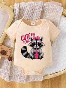 SHEIN Playful Pals 女婴可爱浣熊印花连体衣，杏色，适合春夏穿着 - 黑色 - 查看 3