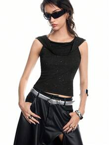 Airlisse 女士时尚派对连帽披肩领无袖金属针织上衣黑色闪亮上衣亮片上衣女士黑色水钻上衣前卫服装女士黑色背心 - 黑色 - 查看 4