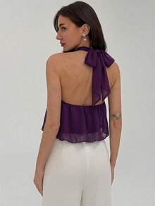 Aloruh 女士新款时尚金属装饰简约纯紫色通勤吊带背心 - 紫色 - 查看 3