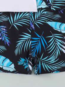 8-12岁男童棕榈叶印花长袖吊带泳衣套装，含泳帽，学生沙滩冲浪泳装，时尚泳衣套装 - 彩色 - 查看 6