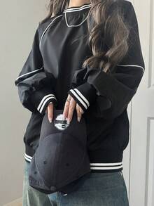 FRIFUL Women's Loose Fit Round Neck Sporty Contrast Tape T-Shirt - Black - View 7