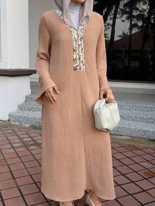 DAZY Vestido midi elegante de mujer con parches de lentejuelas y cuello en V, vestido de invitada de boda de primavera/verano - Rosa - Ver 1