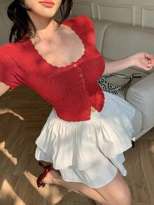 DAZY Women's Round Neck Single-Breasted Short Sleeve Fitted Fashionable Knit Cardigan - Red - View 10