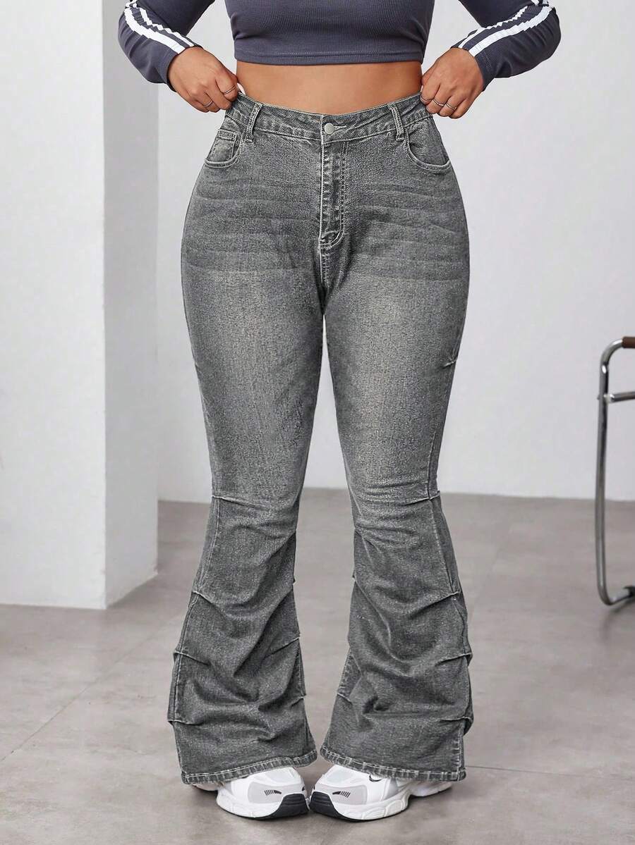 SHEIN ICON Quần jean ống loe dáng rộng cỡ lớn - Xám - Xem 1