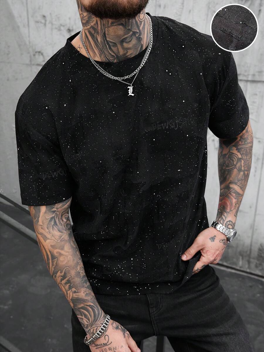 SLATEMANN Men's Shiny Casual Round Neck Short Sleeve T-Shirt Men Tee Shirts Rhinestone Mens Sparkly T-Shirt Star Shirt Mens Goth Tshirts Black Rhinestone T-Shirt Streetwear Men Y-Shirt Mens Drop Shoulder Tee Streetwear Men T-Shirt Rhinestone Clothes Men Distressed Tshirt - Black - View 1