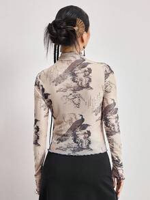 ROMWE Avant Slim Fit Women's Top With Peacock Print And Mesh Fabric, Modern Chinese Style