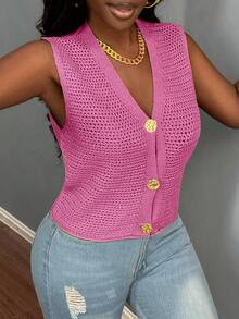 BamGleam New Green Metal Large Button V-Neck Sweater Vest, Hollow Out Cardigan, Casual Sexy Minimalist Sweater Vest For Autumn, Winter, Spring - Pink - View 3