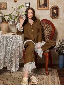 Elegant French Romantic Lace Patchwork Women Pajama Set - Rust Brown - View 6