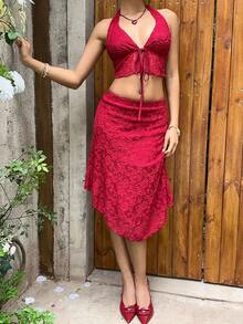 MainGRL Bộ trang phục trẻ trung, năng động gồm áo yếm buộc dây phía trước, cổ khoét sâu và chân váy vạt bất đối xứng, thích hợp cho lễ hội âm nhạc, kỳ nghỉ xuân/hè, hoặc buổi hẹn hò lãng mạn. - Đỏ - Xem 6