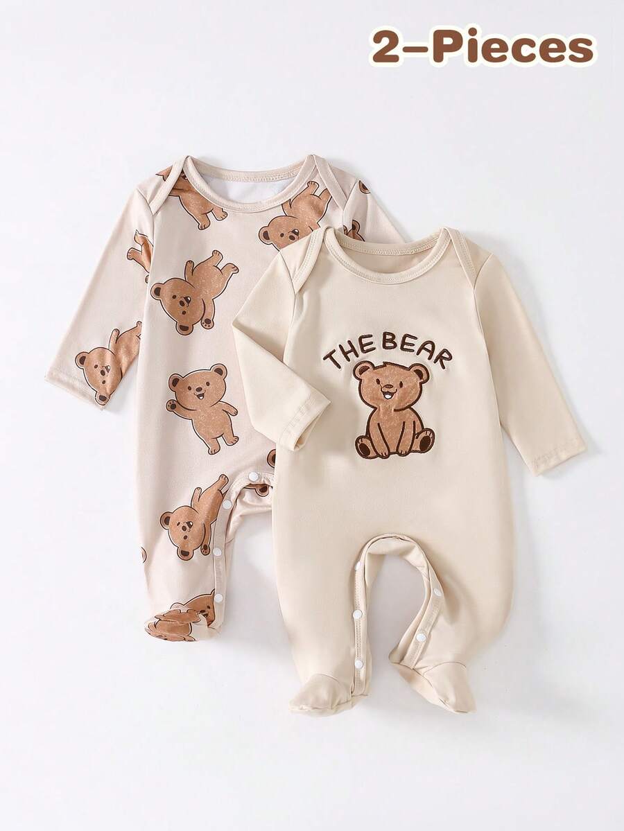 2pcs/Set Newborn Baby Romper, Cute Cartoon Bear Print All-Over Print Jumpsuit With Embroidered Bear, Long Sleeve Footed Pants, Infant Pajamas - Khaki - View 1