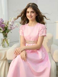 优雅的缎面公主风连衣裙，饰有花朵和流苏，适合女孩穿着，适合春夏派对和庆典，精致的设计提升了整体的奢华美感。 - 粉色 - 查看 9