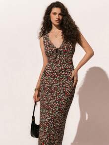 Poéselle 女士休闲碎花长款V领无袖连衣裙 - 彩色 - 查看 2