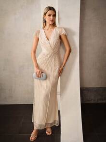 MOTF Soiréza WOMEN'S SEQUINS MESH OVERLAY CAP SLEEVE FORMAL PARTY DRESS - Champagne - View 5