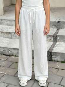 SHEIN 青少年女孩日常服装休闲基本款松紧腰带白色裤子、阔腿裤、返校季 - 白色 - 查看 6