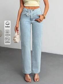 SHEIN Cottnline Stretch Comfy High Waist 98% Cotton Slanted Waistband Denim Jean Jeans Wide Leg Y2k Jeans Jeans Summer Jeans Low Rise - Light Wash - View 6