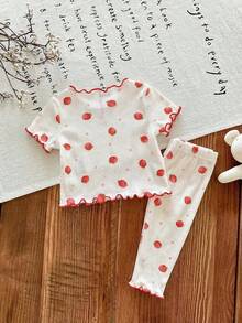 SHEIN LMoss Kids 新生女宝宝可爱卡通图案荷叶边圆领短袖针织柔软睡衣套装，2件套 - 彩色 - 查看 2