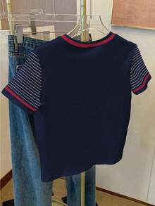 Resyla 女士休闲条纹拼接圆领短袖T恤，夏季 - 藏蓝色 - 查看 2