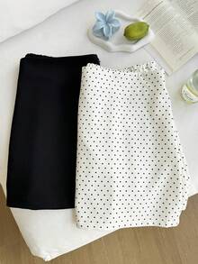 Comfortcana 2pcs Plus Size Women Casual Solid Color & Polka Dot Print A-Line Skirt Set, Solid Color Skirt + Polka Dot Skirt With Leggings Two Piece Skirt Matching Set Skirt Black And White Skirt - Black and White - View 3