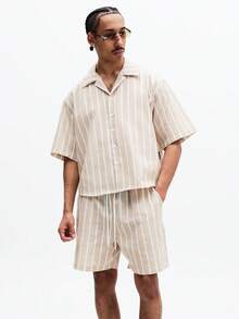 SUMWON Men's Vertical Striped Button Down Shirt And Matching Shorts Co-Ord Set Summer Casual Outfit - Apricot - View 3