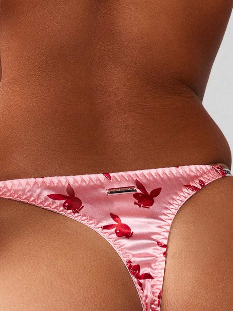 Missguided x Playboy Cheeky Thong Bikini Bottom With Bunny Logo Print High Cut Brazilian Style String Swimwear For Beach Pool Summer Vacation