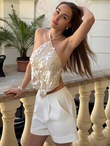 SHEIN PETITE CURVE Plusstorlek Dam Enfärgad Paljett Asymmetrisk Halterneck Camisole - Aprikos - Visa 4