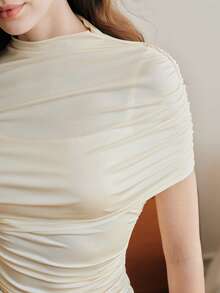 Anewsta Camiseta de mujer con diseño asimétrico y cintura ajustada de unicolor - Amarillo - Ver 4