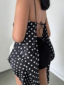 Alexandranx 女式性感露背波尔卡圆点印花系带不对称下摆吊带背心，夏季假日风格 - 黑與白 - 查看 5