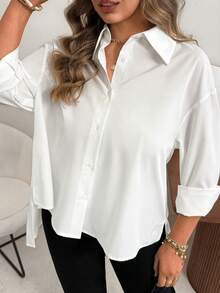 Vionelle Plus Size Woven Shirt Collar Long Sleeve Open Front Casual Blouse - White - View 5