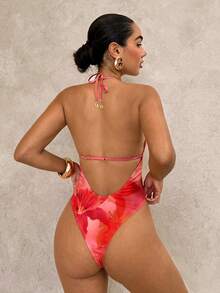 Swim Glamine Áo tắm liền thân gợi cảm kiểu Bohemian dành cho nữ, họa tiết hoa dâm bụt, cổ yếm. - trái cam - Xem 2