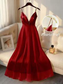 Franclia Robe col V en satin avec bretelles de perles, niche de luxe - Rouge - Voir 7