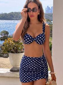 Swim Vcay 海军蓝波点比基尼套装，宽肩带V领 - 藏蓝色 - 查看 5