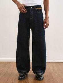 TOKVUE Men's Fashionable Street Style Embroidery Design Casual Washed Straight Leg Loose Jeans Men Wide Leg Jean Dark Wash Jeans Mens Jeans - Dark Wash - View 5