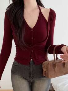 DAZY 2pcs/Set Sexy Design Long Sleeve T-Shirt, Halter Neck, Slim Fit, Casual Top For Women