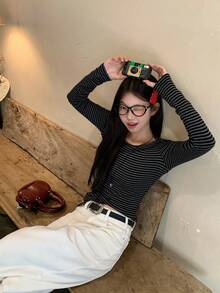 DAZY 女士圆领条纹韩版休闲长袖T恤，春秋季 - 深灰色 - 查看 3