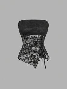SHEIN MOD 2件組女款黑白蕾絲抹胸修身抽繩下擺開衩抹胸上衣，夏季優雅夜店舞會畢業舞會上衣 - 黑與白 - 查看 6