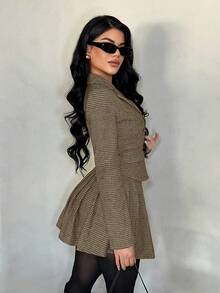 SHEIN SXY 女士时尚格子西装外套和百褶裙套装，通勤装 - 彩色 - 查看 2