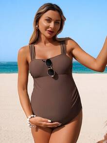 SHEIN Maternity Solid Color Fashionable Thick Strap One-Piece Swimsuit,Summer Modest Beach Holiday Brown Vacation Outfits For Women Maternity Swimwear - Brown - View 5
