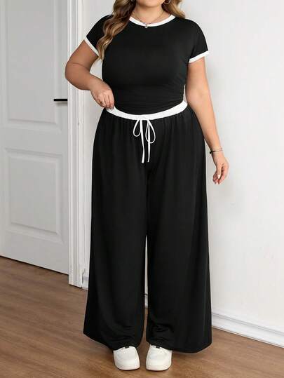 SHEIN CURVE+ Plus Size Dam Casual Svart & Vit Kontrastfärgad T-shirt Och Byxor Set