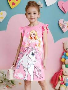 SHEIN Đầm cổ tròn tay bồng cho bé gái, dáng chữ A rộng rãi, thoải mái và năng động, tông hồng nhạt kết hợp họa tiết hoạt hình, đúng gu của các bé gái, chất liệu mềm mại và thân thiện với da, phù hợp cho mặc hàng ngày hoặc đi chơi thường ngày. - Hồng - Xem 3