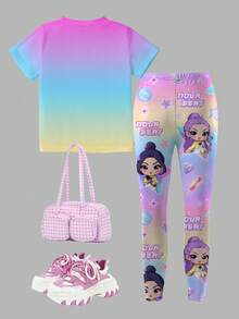 2pcs/Set Idol Girl Group Printed Top & Leggings Set, Fashionable Casual Outfit For Teenage Girls