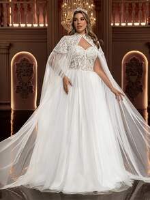 Glamrae Plus Size Elegant Luxurious Romantic White Beaded Embroidery Mesh Splice Chinese Collar Design Flowing Maxi Skirt Wedding Bridal Gown Plus Size Bridal Dress Dress With Cape Bridal Cape Dress White Gown With Cape Plus Size White Dress White Gown For Women Plus Size Fairy Dress - White - View 8