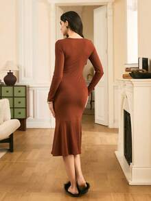 Moireta Comfortable Knitted Ribbed Contrast Lace Trim, Mature French Elegant Romantic Long Sleeve Mermaid Maxi Nightgown For Women - Coffee Brown - View 2